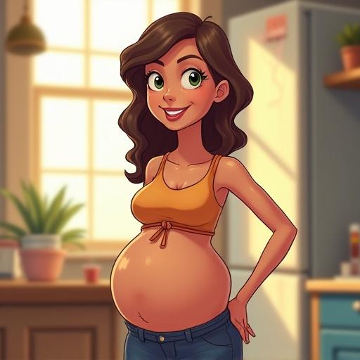 cartoon character depicted as a pregnant female with a cheerful expression. Light indoor setting casual clothing. Art style similar to Rick and Morty.