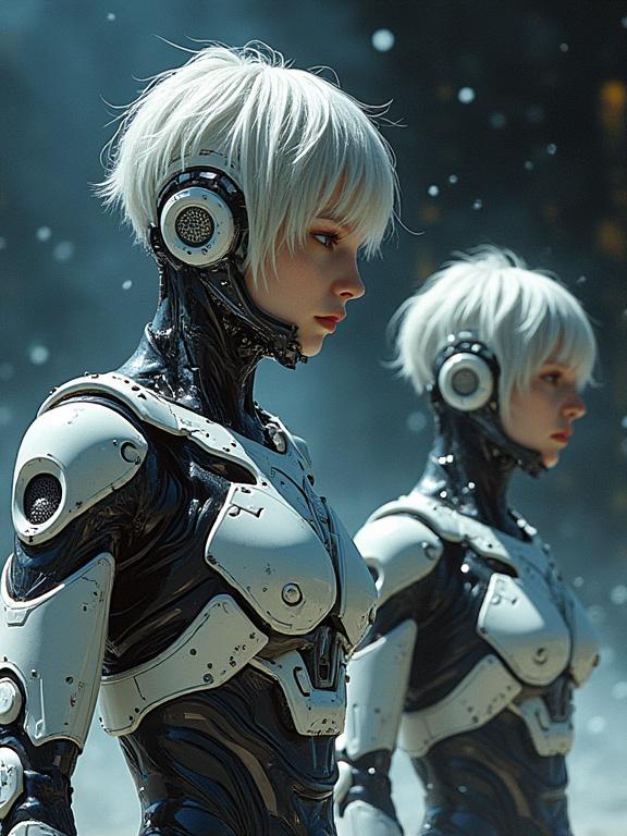 Futuristic robots designed in the style of Japanese artists. Influences from sci-fi anime aesthetics. Detailed features and metallic textures. Set in a dramatic environment with a sense of movement and depth.