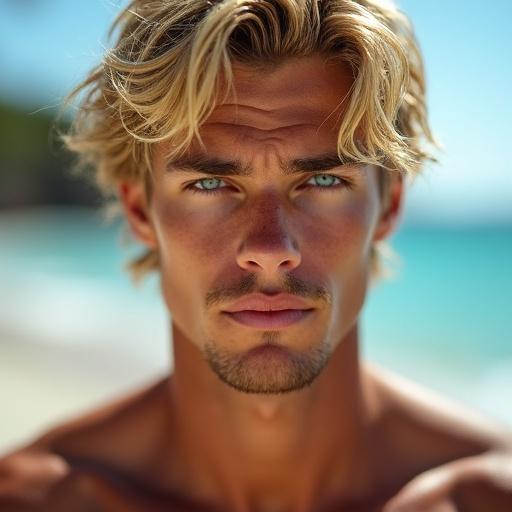 Professional, medium close-up image. Young man with blonde hair and blue eyes. Outdoor setting with soft lighting. Neutral relaxed expression with slight smile. Strong facial features and muscular physique.
