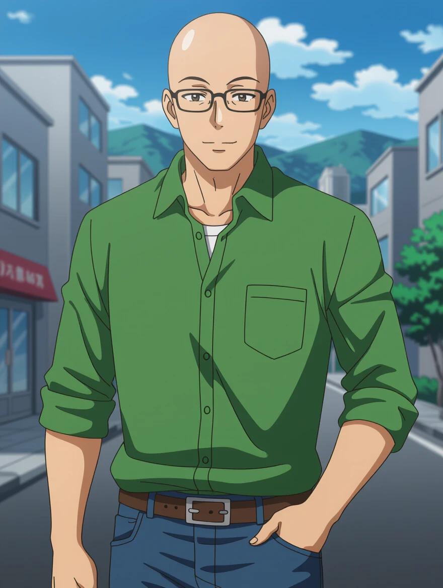 Anime character design featuring a tall bald male in a green collared shirt and jeans. Character has a dad body type and appears to be standing on a street with a vibrant background.