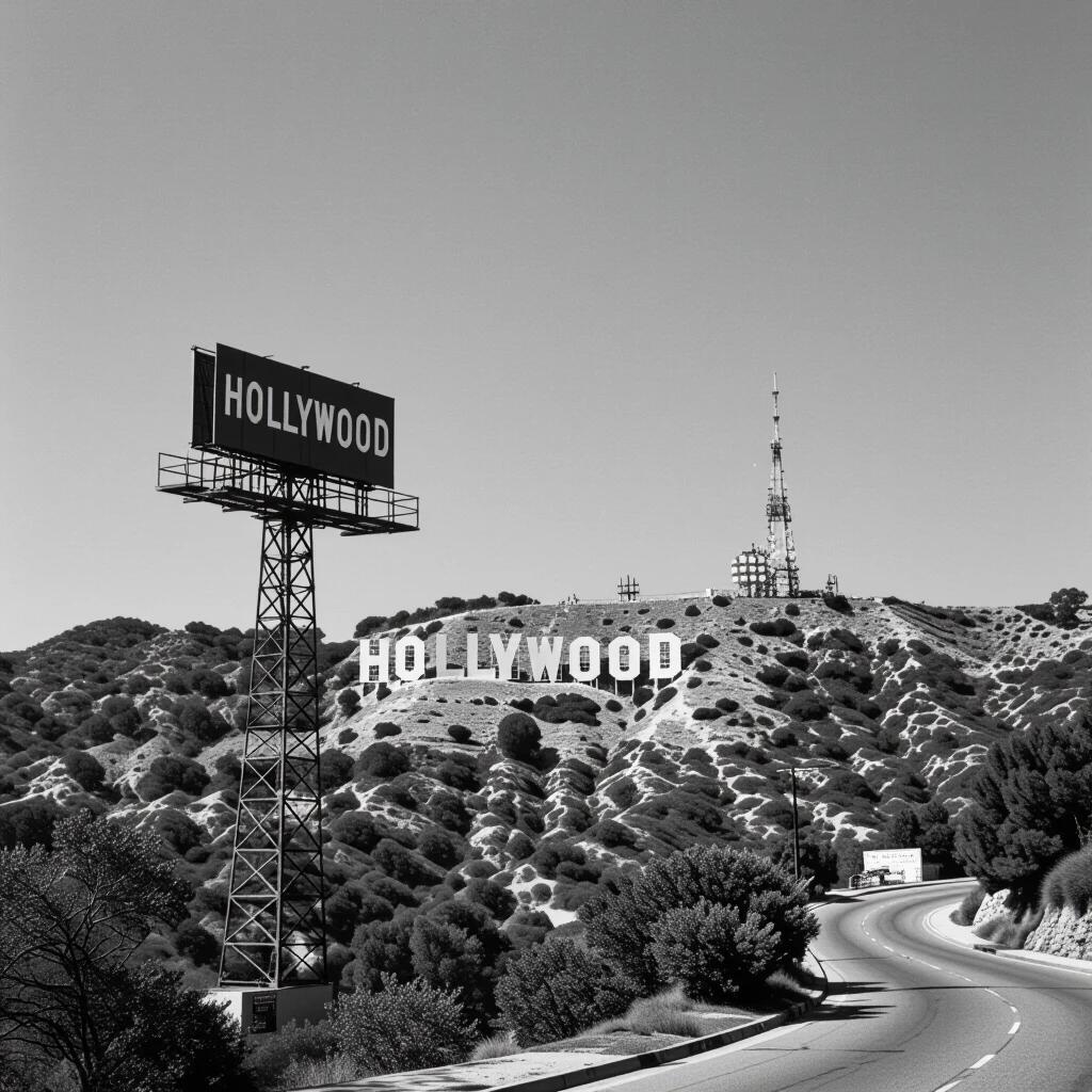 Black and white photograph shows the back of Hollywood sign. Image taken circa 1970. High contrast and film grain evident with ISO 800 setting. Road leads towards sign in foreground.
