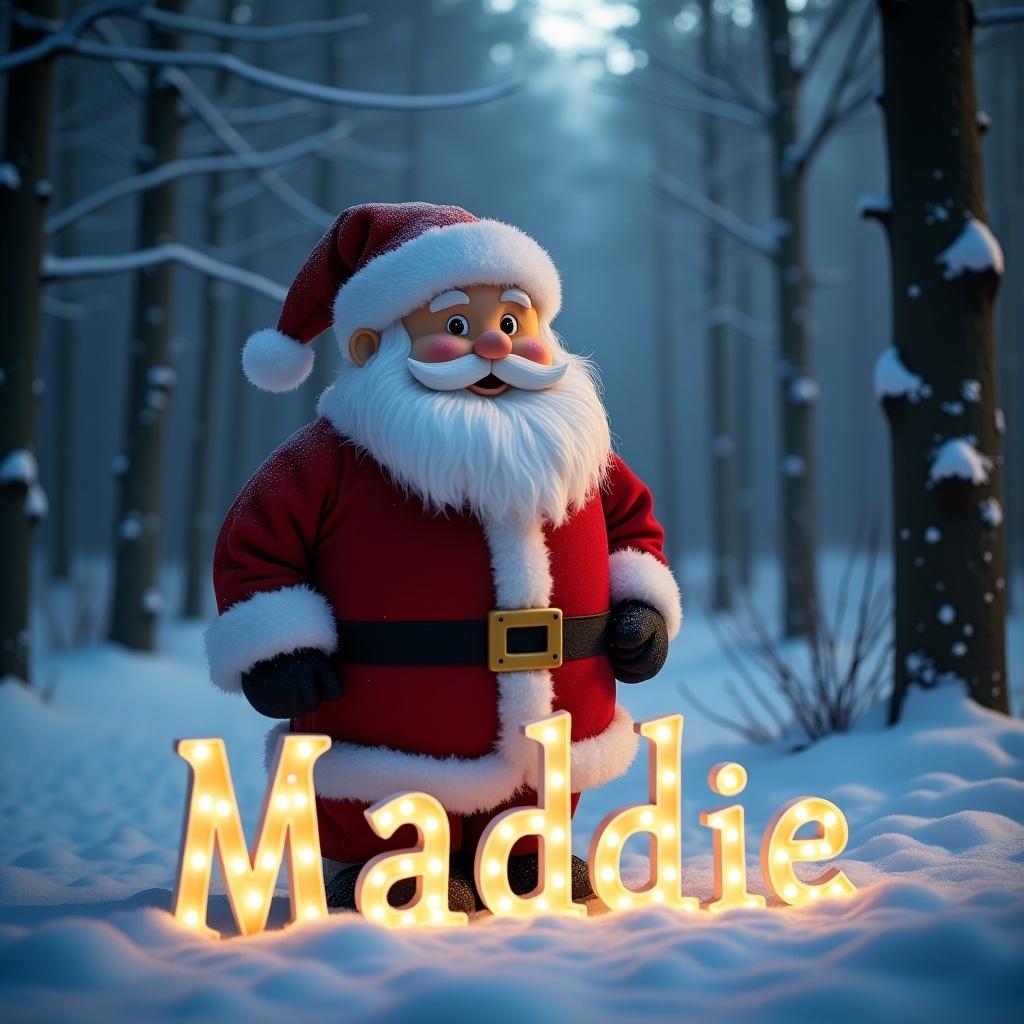 Santa Claus figure stands in a snow-covered forest. The snowy backdrop creates a magical atmosphere. The name Maddie is illuminated in glowing lights.