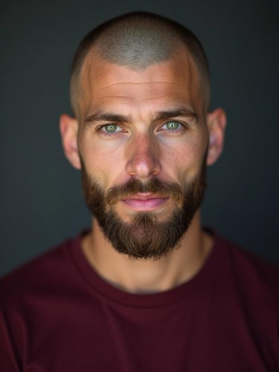 Studio portrait photograph of a young man with green eyes. Features a perfect shaving beard and closely shaved head. Wears a deep burgundy t-shirt that enhances complexion.