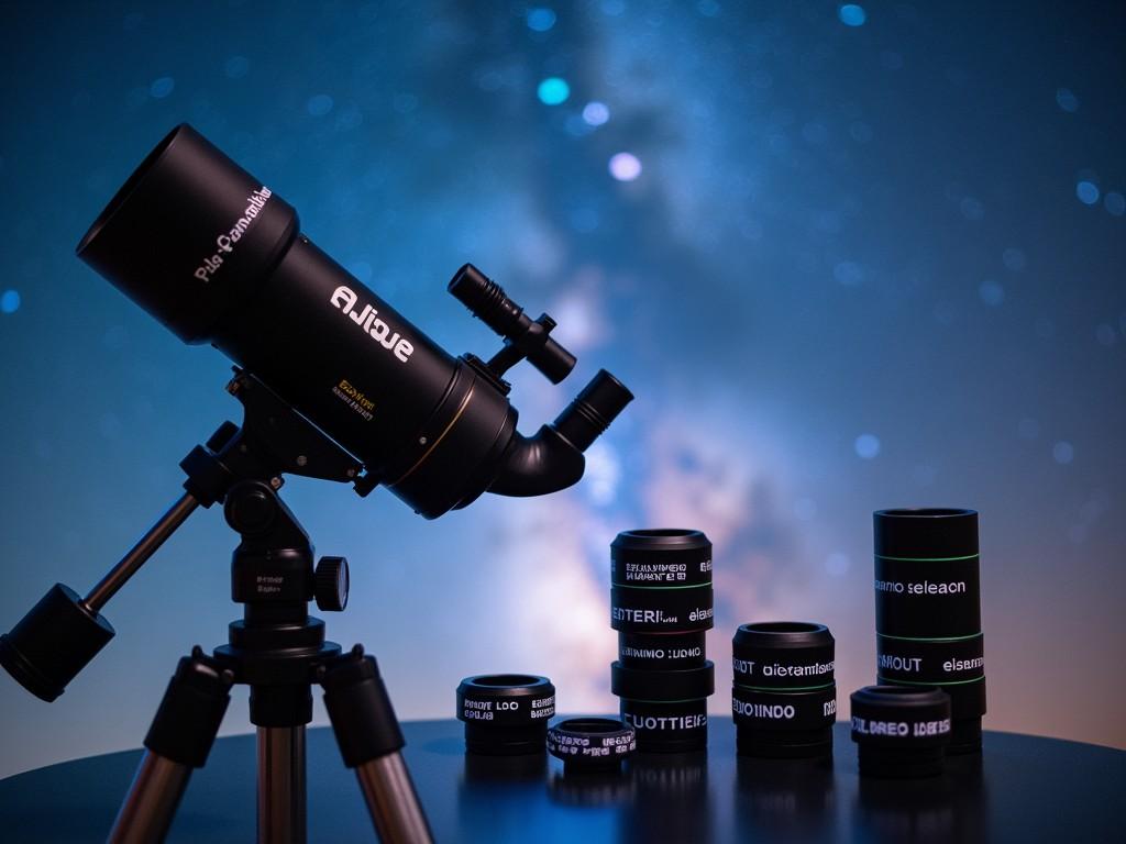 A sleek black telescope stands prominently on a tripod against a mesmerizing backdrop of the starry night sky. Various eyepieces are arranged beside the telescope, suggesting a keen interest in astronomy and stargazing. The image exudes a tranquil yet adventurous atmosphere, inviting viewers to explore the mysteries of the universe.