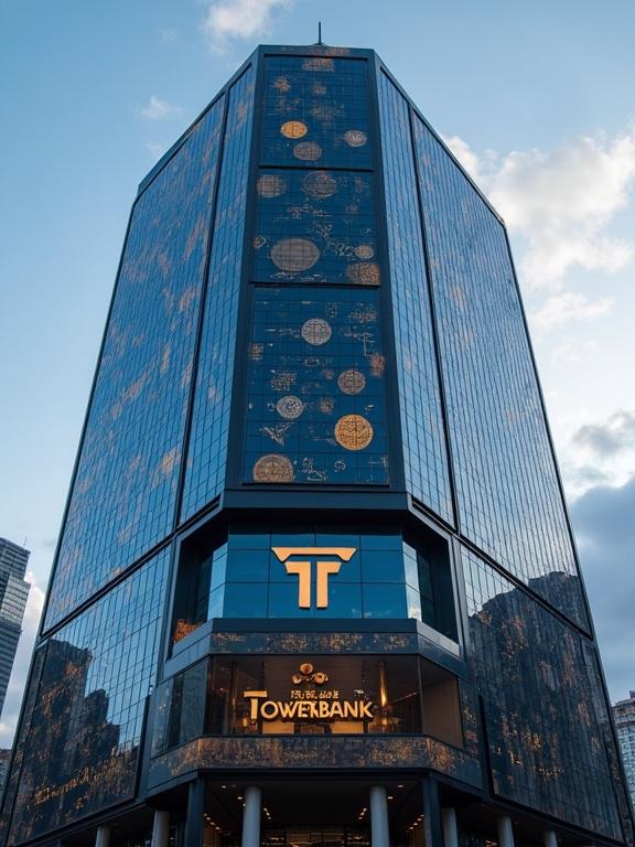 Edificio moderno con logo de Towerbank. Decorado con símbolos de criptomonedas. Fondo con gráficos financieros en alza. Estilo corporativo.