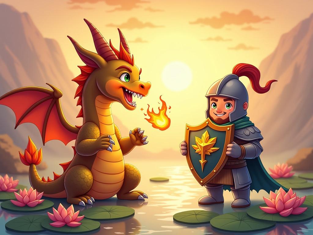 A whimsical illustration features a fierce dragon and a determined knight. The dragon, adorned in shimmering gold scales, is breathing a bright, fiery flame. The knight, clad in armor, holds a shield with a glowing emblem and stands confidently. The background shows a serene setting with lotus flowers floating on water, surrounded by soft, warm colors of a sunset. The colors throughout the image are enhanced, making them vibrant, and the contrast is increased to make the characters and elements stand out more vividly.