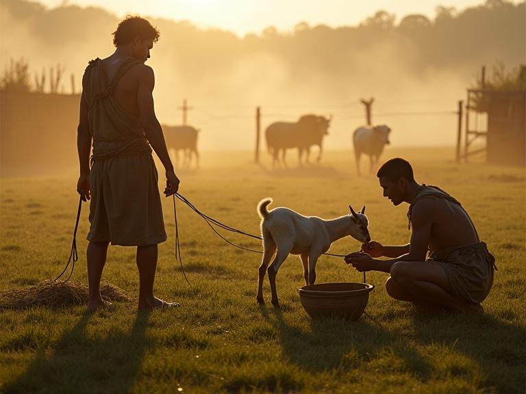 Scene depicts a Neolithic pasture during dawn. Human figures in woven garments guide a goat and kneel to feed a lamb. Early cattle graze nearby. Stone enclosures and wooden fencing for animal care. Morning mist and dew-covered grass in warm light suggest homely farming. Captured with shallow depth of field.