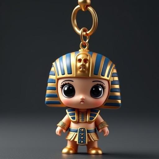 Cute figurine inspired by Egyptian pharaoh. Full body design with big eyes. No keychain ring. Matte gold and blue finish. Photographed on dark gray background with soft studio lighting. 3/4 view with kawaii proportions.