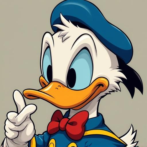 Illustration of Donald Duck, a classic Disney character. Character has a blue hat, a red bow tie, and a cheerful expression. Gesture of finger raised, indicating excitement or speaking.