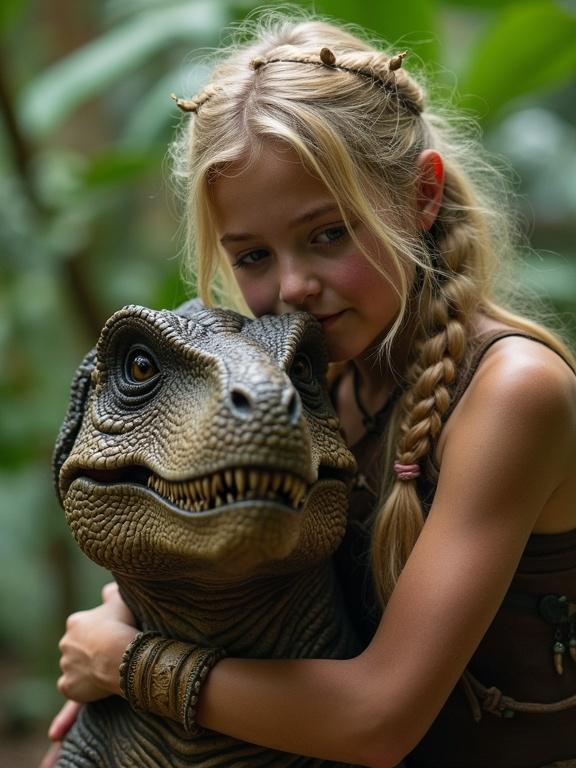 Beautiful tired blonde warrior girl hugs a friendly tyrannosaurus in a dense jungle. Warm and inviting atmosphere emphasizes their bond.