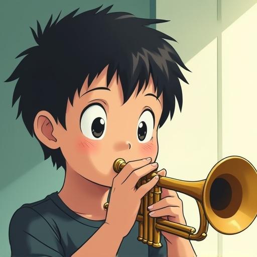 A boy enjoys playing a trumpet. He uses a rubber mouthpiece while showing concentration. The style resembles anime. The environment is bright and cheerful.