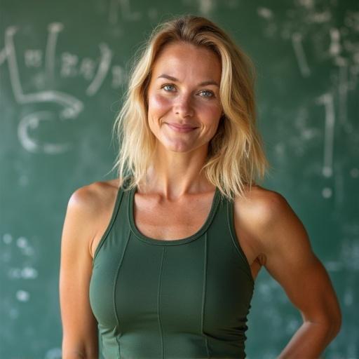 Blonde woman with athletic build wearing a green tank top stands against a chalkboard. She has a confident posture. Her green eyes are visible. Light enhances her features and outfit.