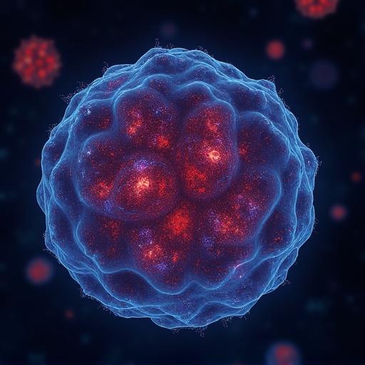 Cover image showing pluripotent stem cells without mitochondria. Focus on detailed cell structure. Use blue and red colors against a dark background.