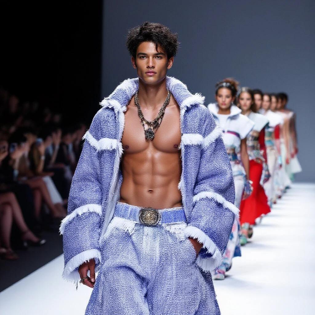 Male model walks down a runway. The model wears a blue outfit with fringes. The setting includes spectators in the background. The focus is on the model's style and physique. The runway has a professional atmosphere.