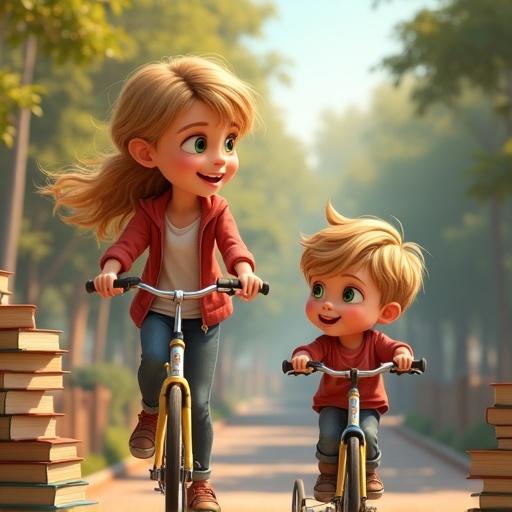 Create a whimsical animated scene featuring a young girl with big green eyes and blonde hair holding books. Include a bicycle with a trailer and elements suggesting a family setting. The focus is on a warm and inviting atmosphere.