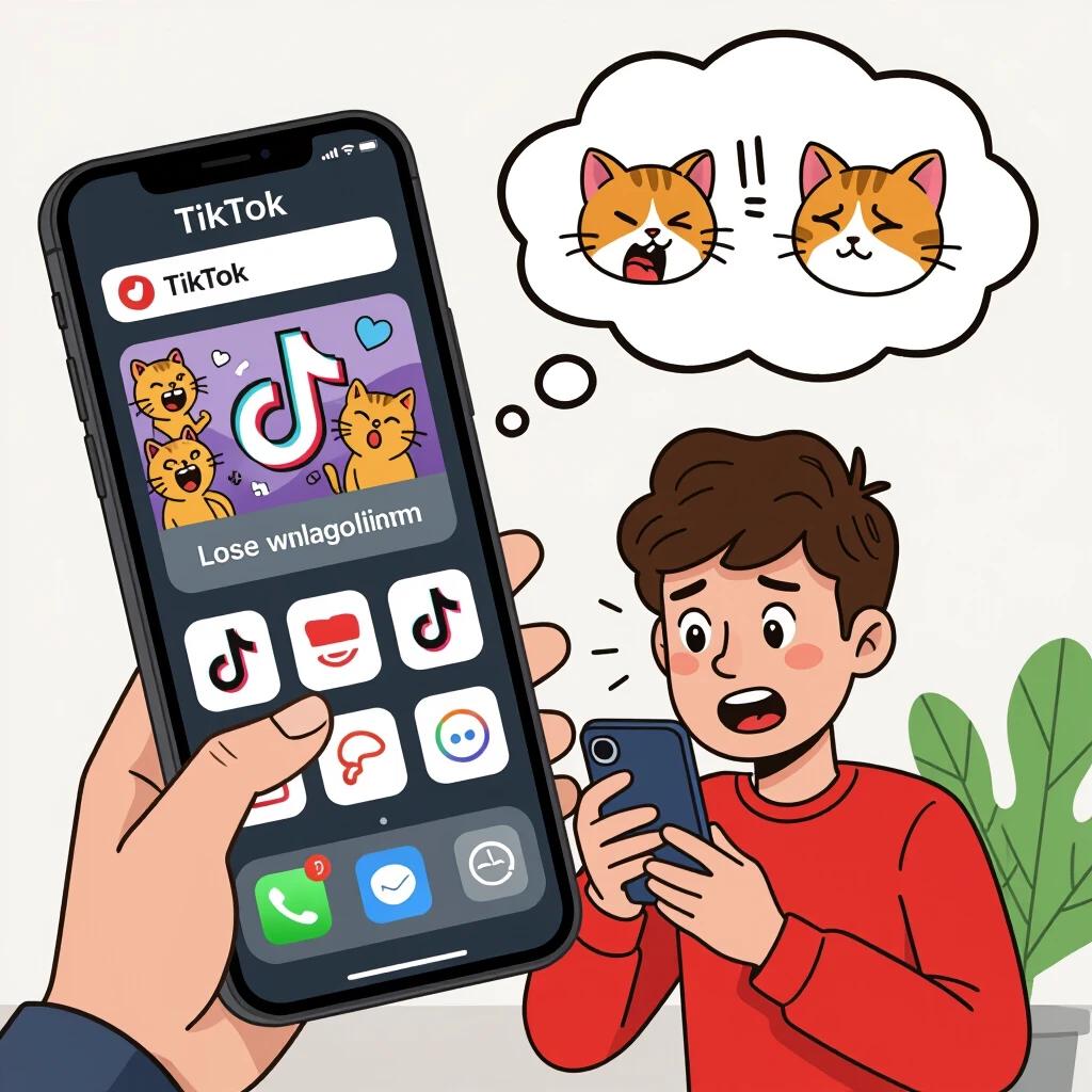 Illustration shows a person reinstalling TikTok app. Smartphone shows fun interface. Thought bubble illustrates cats screaming. Person looks worried about losing algorithm.