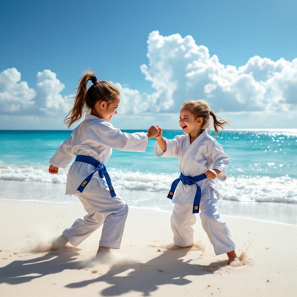 Two energetic four-year-old girls practicing taekwondo at the beach. They wear white uniforms with blue belts. The sand is powdery and dazzling under the sun. They laugh and play as they kick and punch. The turquoise ocean and blue sky create a beautiful backdrop.