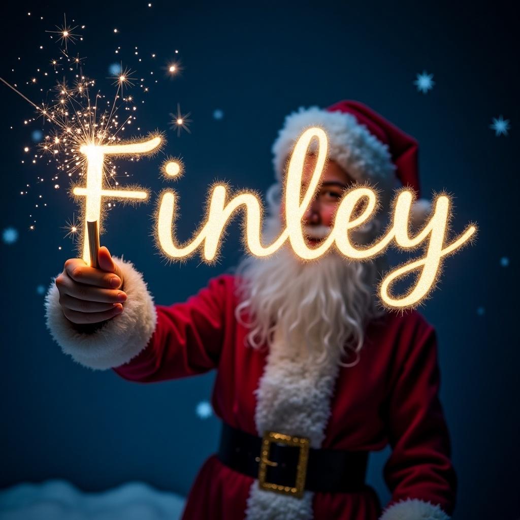 Santa writes a name with a sparkler in sparkling letters. The name Finley shines brightly in the night sky. The background is dark creating a magical ambiance. Stars twinkle around creating a wonder-filled scene.