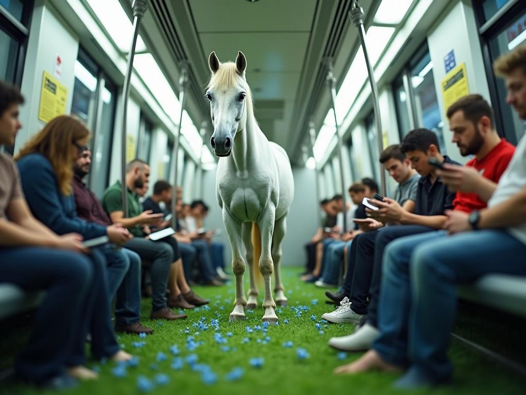 A surreal scene inside a subway car. A white horse stands confidently on a floor covered in lush green grass, dotted with delicate blue flowers. Surrounding the horse, people are absorbed in their phones and reading materials. The atmosphere is ethereal, conveying a dreamlike state, as the bright lights overhead add to the otherworldly feeling. This unexpected juxtaposition of nature and urban life creates a striking visual impact, prompting reflection on the coexistence of different worlds.