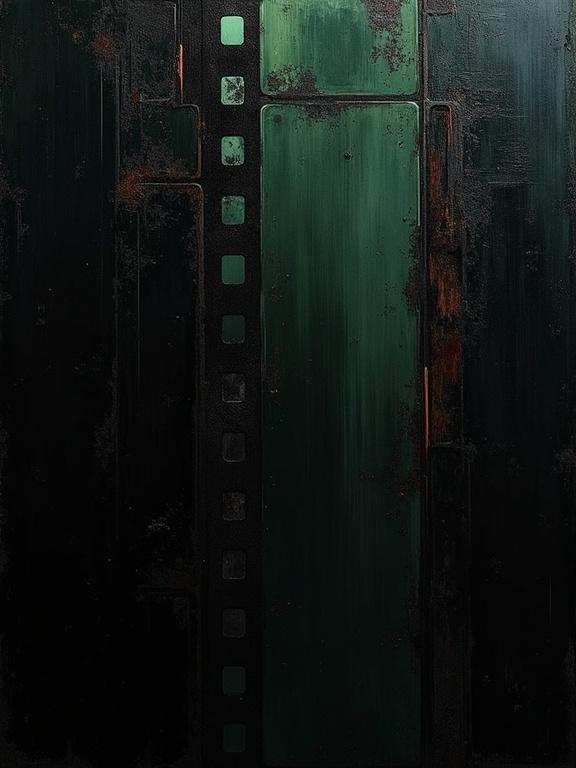 Digital oil painting with a black background. Harsh paint strokes are visible. Corroded and unfinished artistic elements are present. Flat colors combine with dynamic silhouette design. Minimalist style showcases repeating voids shaped like film negatives. Shadows combine with edges resembling film strips. Slight green oxidation appears. Faint acid burn hints are visible. Subtle rusted discoloration at edges.