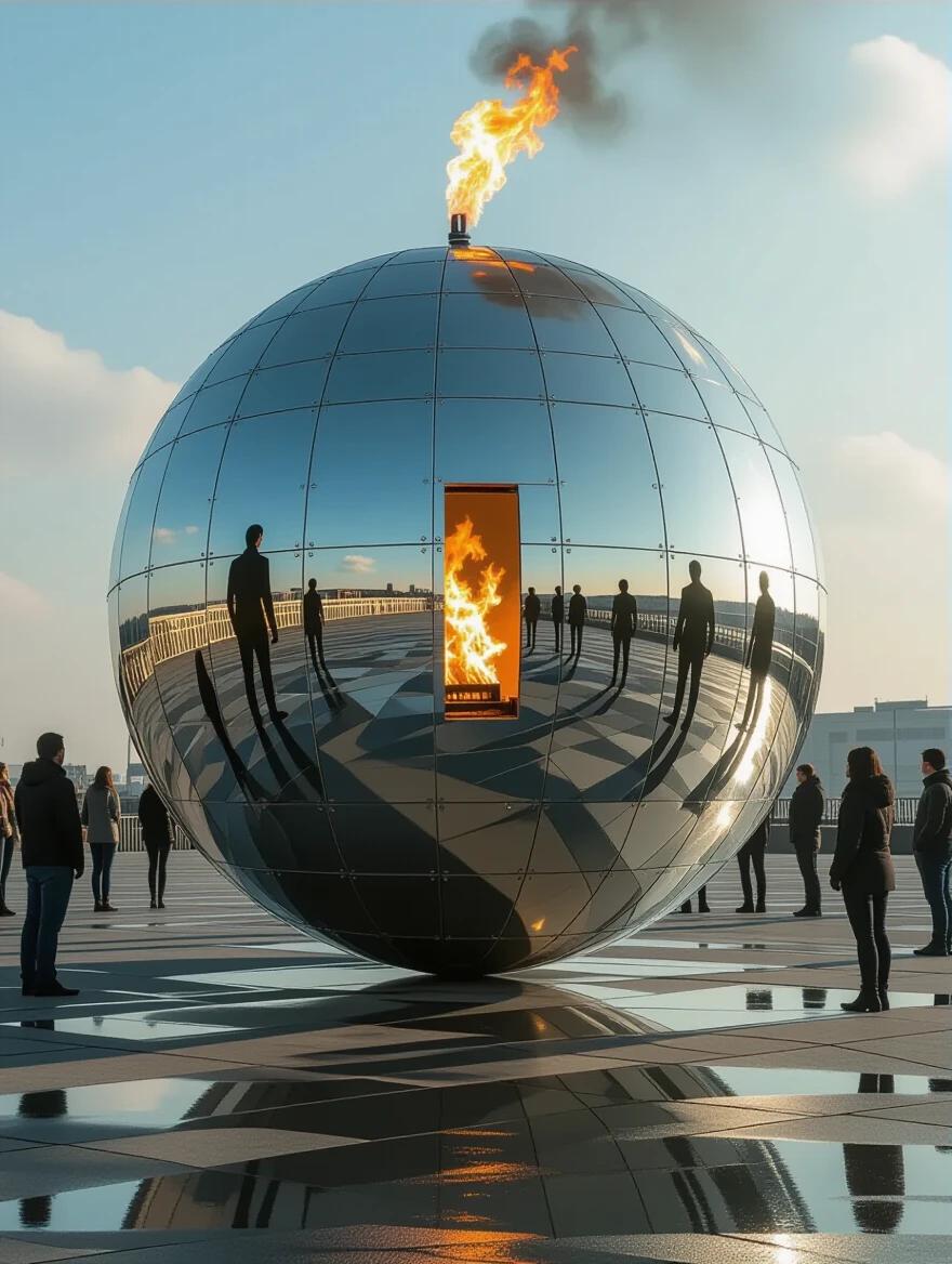 A large metallic reflective sphere on a flat surface. People surrounding the sphere see their reflections. The sphere has a flame coming from a wick at the top, indicating imminent danger.