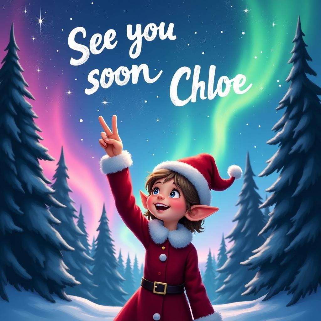 A joyful elf girl with short hair is playfully pointing upwards in a vibrant night sky. She is writing the words 'See you soon Chloe' with excitement. The sky is adorned with beautiful northern lights in shades of pink, blue, green, and purple, creating a magical backdrop. The elf is wearing a traditional red outfit topped with a festive Santa hat, radiating the holiday spirit. Her expression captures wonder as she interacts with this enchanting winter environment. Surrounding her are tall evergreen trees that enhance the winter scene.