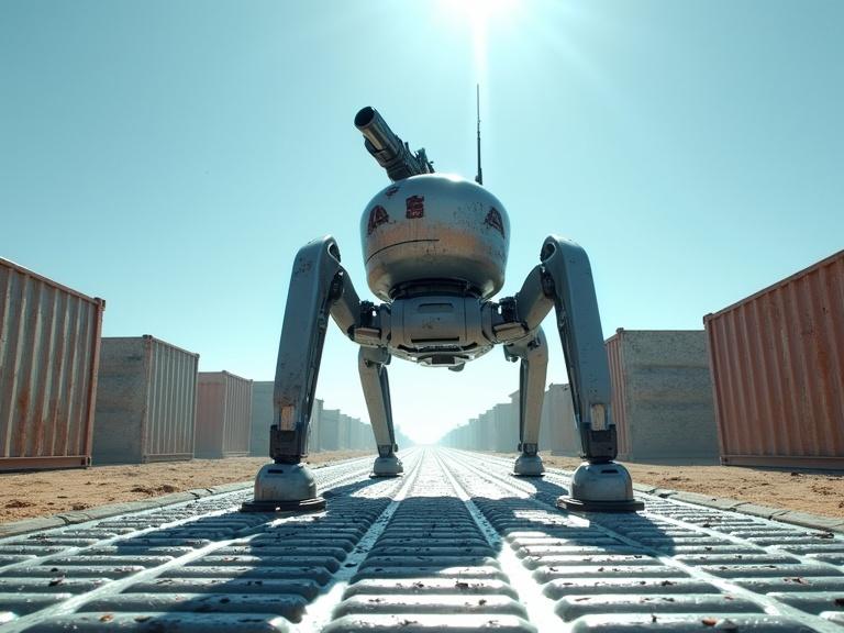 Cinematic live action scene in sunny desert. Long anamorphic blue lens flare appears in front of the camera. Silver metal bevel container crates line the sides. Ground has dirty, scratchy, dusty dark silver metal grates. A 5 ft tall sleek grey robot with 4 legs and a gun on top is the focus. The background showcases blue sky
