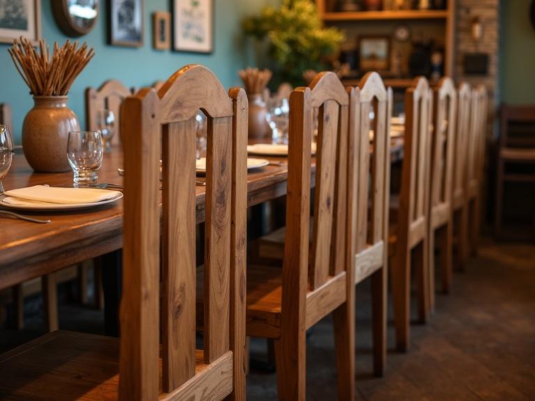 Wooden chairs arranged around a long table in a cozy dining setting. A warm atmosphere complements the rustic design.