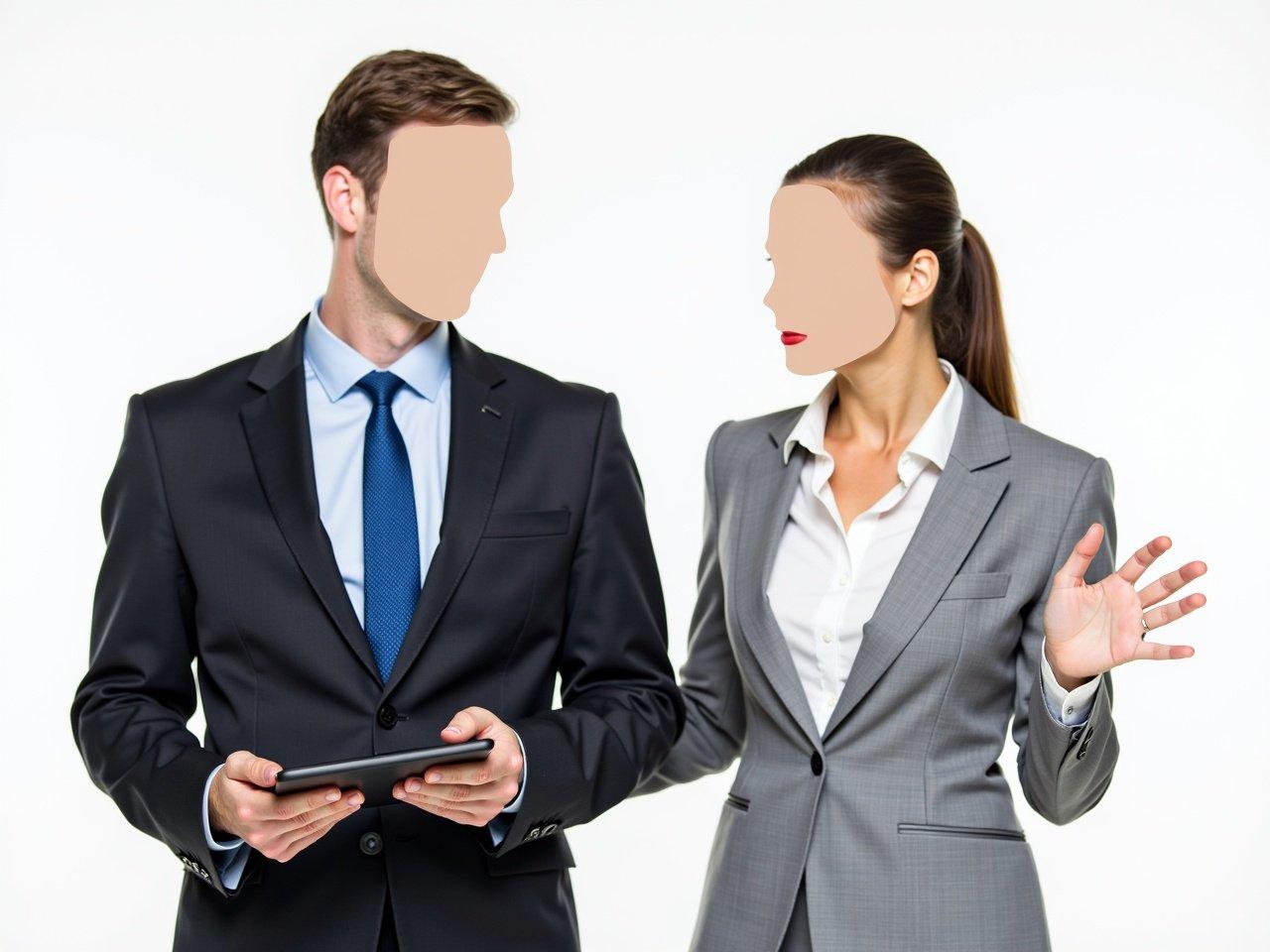 The image features two professional individuals standing side by side. The man on the left is wearing a dark suit with a blue tie and is holding a tablet. The woman on the right is dressed in a light gray suit and is gesturing with her hand, possibly explaining something. Both figures have their faces blurred, making them unidentifiable. The background is plain, emphasizing their business attire and confident stance.