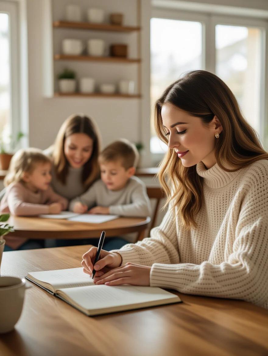 Woman seated at kitchen table writing notes in a notebook. Children play in the background. Scene captures balance of personal growth and family time. Warm sunlight floods the room. Comfortable home environment. Medium shot with blurred background.