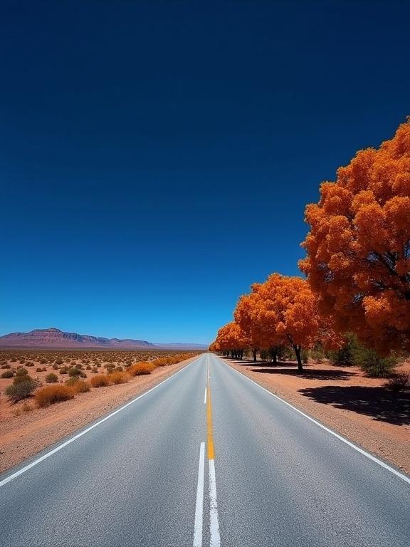 A long road stretches into the distance. On the right, strong vibrant trees burst with orange color. On the left, a desert landscape merges into a clear blue sky. The road is light gray.