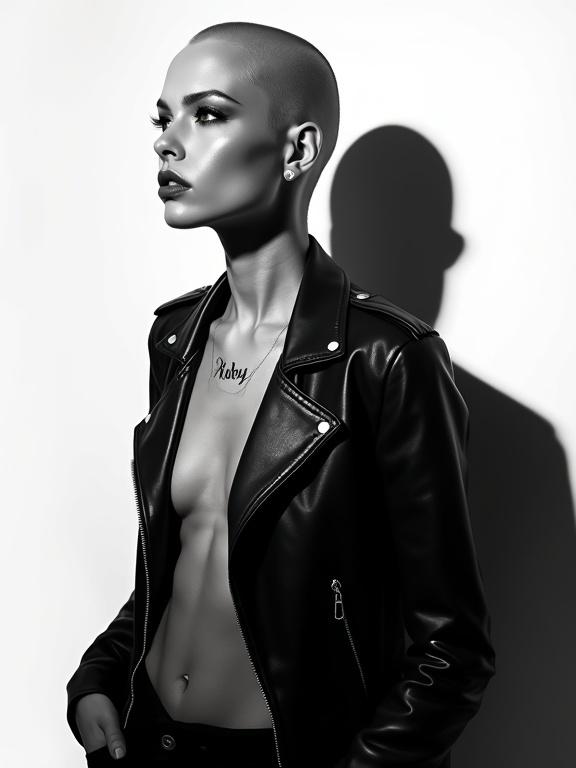 High-contrast monochrome fashion portrait. Striking androgynous woman with shaved head poses in profile against white background. Her jawline is sharp, cheekbones sculpted, with dramatic lighting casting a shadow. She wears an unzipped black leather jacket, revealing her chest and a tattoo reading 'Ruby.' Expression is fierce and self-possessed. Captured in a minimalistic style, emphasizing dramatic tones.