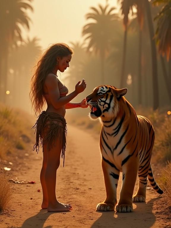 Post-apocalyptic scene featuring a young woman in tribal attire and a friendly tiger. The woman has long flowing hair and stands on a dusty road. She has a bleeding wound on her stomach being licked by the tiger. The environment shows cinematic lighting with a warm glow.
