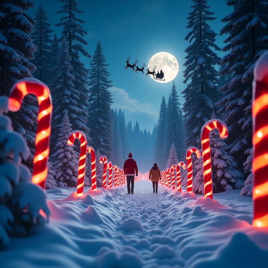 Candy Cane forest during Christmas time. Santa flying in the night sky with his sleigh and reindeers. A couple walking on a snowy path surrounded by candy canes. Full moon illuminating the scene. Sadhguru present in the image.