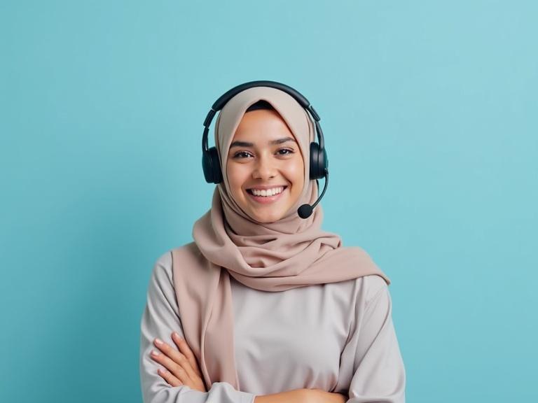Smiling customer support representative in hijab with headset. Providing online help in a call center. Light blue studio background. Front view photography style.