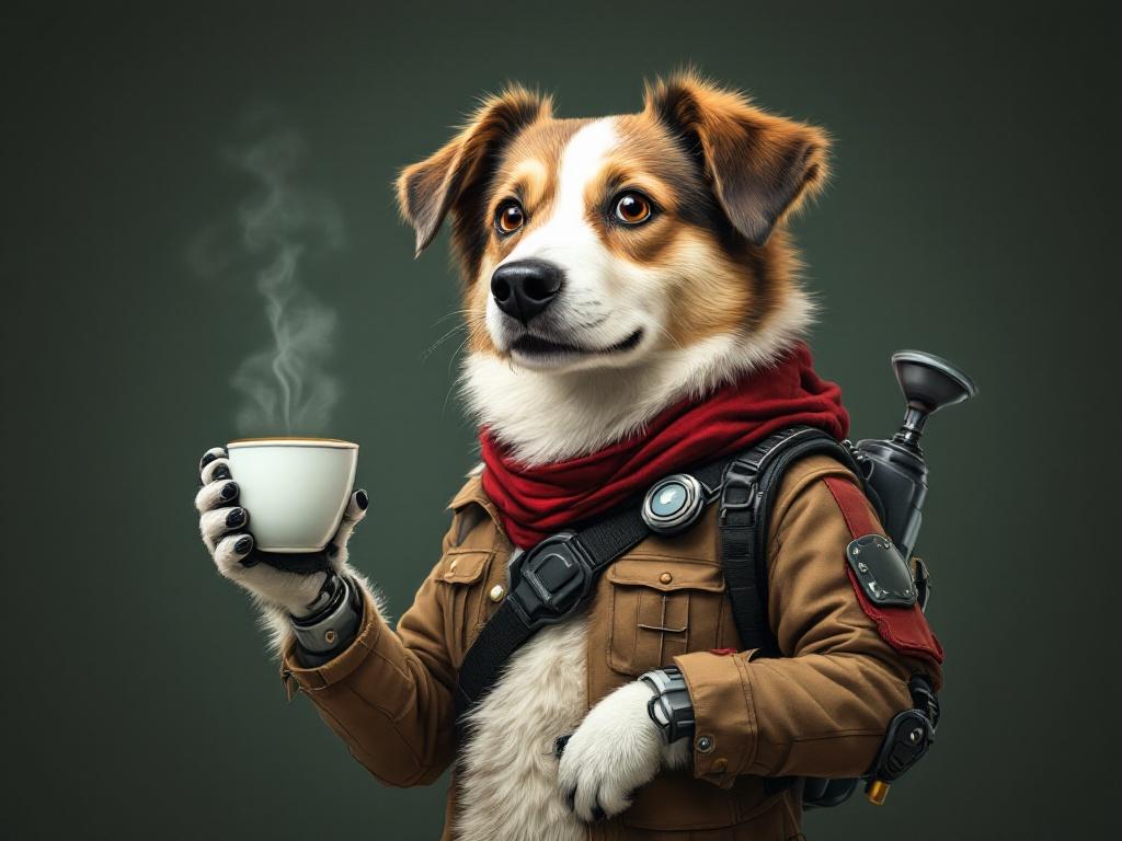 A creative dog character that is an AI prompt engineer. The dog holds a cup of coffee in the right hand. On the left shoulder, there is a plunger attached. The dog wears a stylish coat and has a friendly expression. The background is muted to highlight the character.