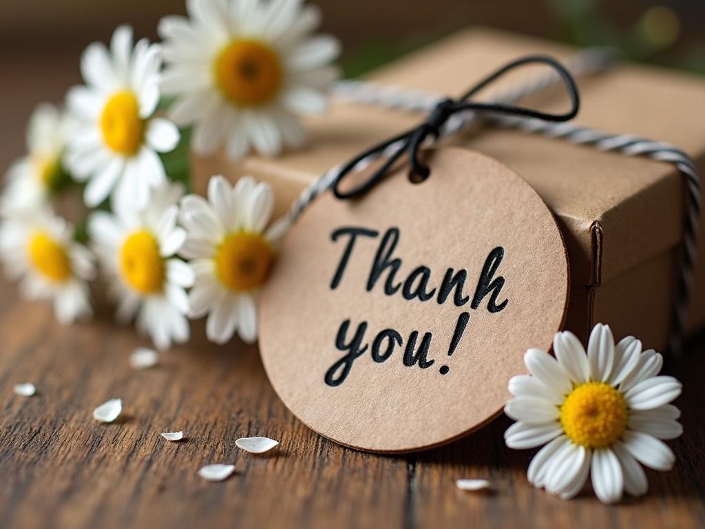 A rustic and romantic scene featuring a 'Thank you!' tag made of kraft paper. The tag is tied with a thin black string and is accompanied by delicate daisies that have bright yellow centers. The background consists of warm, textured wood, enhancing the cozy feel of the image. The daisies are subtly blurred, creating a soft focus that emphasizes the tag in the foreground. Overall, the composition conveys gratitude and affection, ideal for expressing heartfelt thanks.