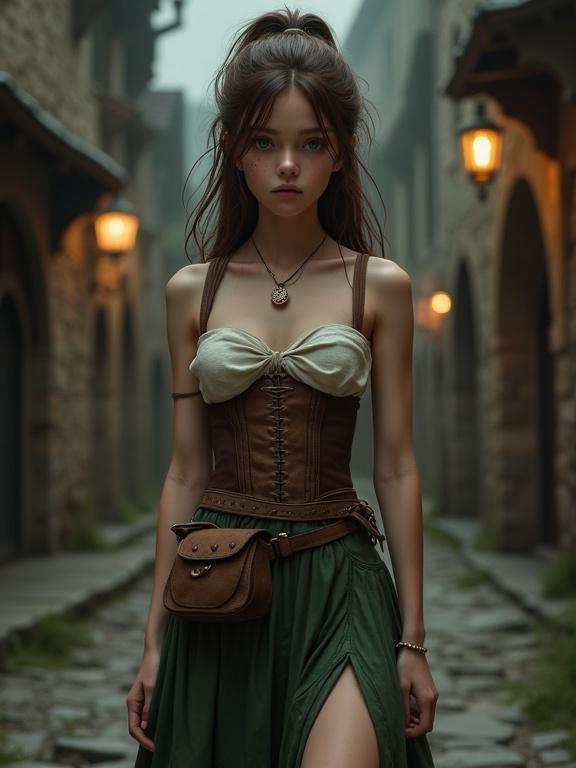 Photorealistic image of a teen girl. She has a slender body and long dark auburn ponytail. Expression is sad. Dressed in a strapless white top with a brown corset. Skirt is dull green with a split. Tall traveling boots are worn. Small cloth pouch is at her waist. Setting is a shadowy medieval city street at midnight. Soft focus highlights her vibrant green eyes and freckles.