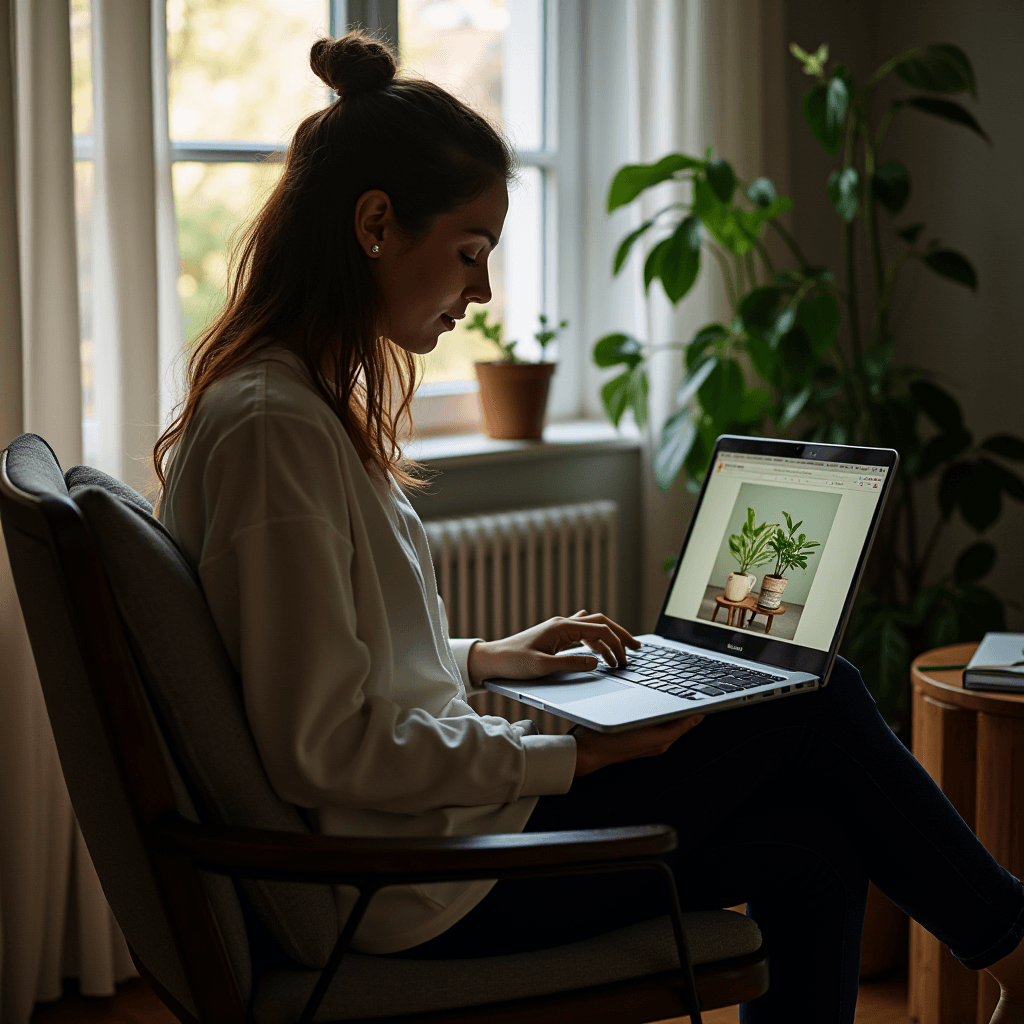 A woman sits in a cozy, plant-filled room, focused on her laptop by a sunlit window.