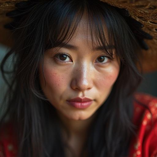 Close-up shot of a Japanese female fortune teller. Focus on the eyes. Details of traditional attire. Mysterious ambiance with soft lighting.
