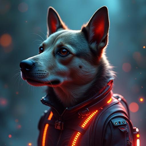 A futuristic dog wearing a sleek cybernetic jacket with glowing elements. Dog's face displays intelligence and charm. Background showcases a mystical environment with soft bokeh effect.