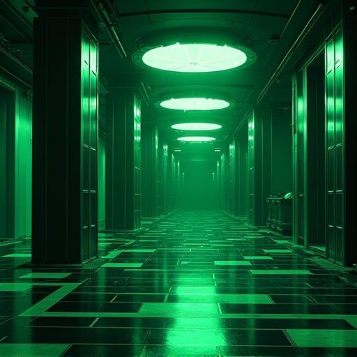 Anime inspired futuristic environment with oversized features. Inside a luxurious building that resembles a torture chamber. Dominated by emerald green and black colors. Setting in Shanghai, featuring bright lights. Captures a sense of modernism and high technology. Scene set during noon.