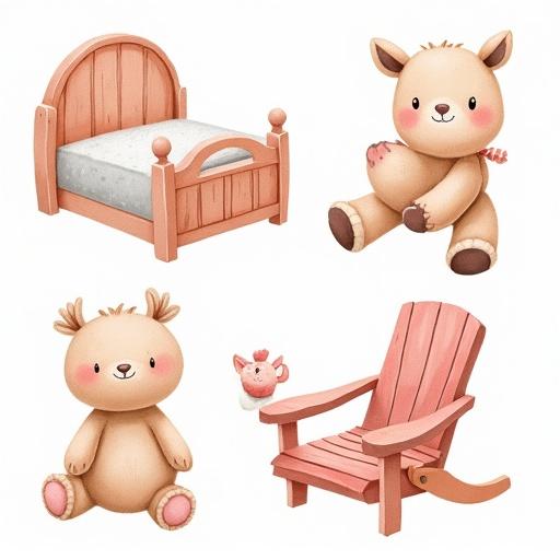 Set collection of playful cute boho furniture for girls includes a bed a deer plush toy an armchair a bear plush toy a rocking chair. All elements are soft and colorful suitable for a nursery. High resolution and bright design on a white background.