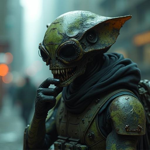 Psy ops bug creature in a state of thought. Character has spooky and edgy features. Military elements present. Background is cyberpunk with a moody atmosphere.