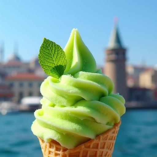 Close-up of a vibrant lime green sorbet in a sugar cone. Fresh mint leaf on the side. Background shows Maiden's Tower on the Bosphorus and a clear blue sky. Focus on icy texture and vivid color.