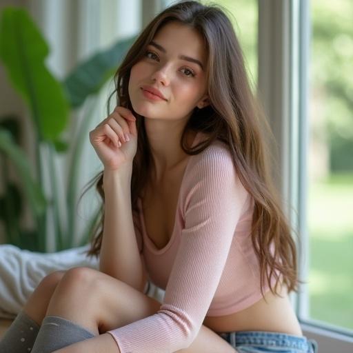 A young woman with long brown hair sits indoors by a large window. Background is blurred with green. She has fair skin and a curvy figure. Wears a fitted light pink top and denim shorts. Gray stockings have small dots. Her expression is cheerful, posing playfully. Soft natural lighting emphasizes her beauty.