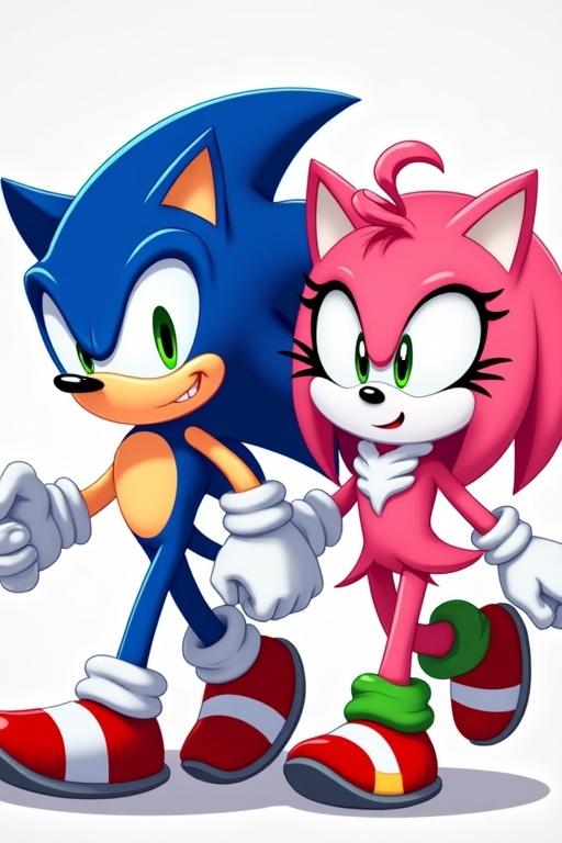 Image features Sonic the Hedgehog and Amy Rose walking side by side. Characters illustrated in a vibrant and playful style. Their expressions convey confidence and playfulness. Colors are bright and appealing to fans of all ages.