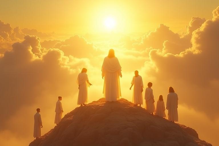 A majestic scene on a high mountain. At the center, a radiant figure shines intensely as bright as the sun. Dressed in clothing that appears impossibly white. Flanking the central figure are two other glowing beings engaged in conversation. Below, three individuals exhibit awe or fear, partially shielded by a surrounding bright cloud. The scene is suffused with divine light and profound spiritual meaning.