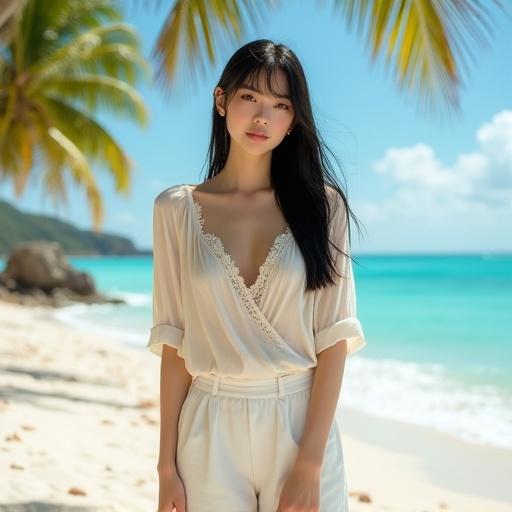Portrait of a young Asian woman with porcelain skin. Large warm brown eyes and long black hair with bangs. Wearing a cream blouse and white hot pants. Standing on white sand with turquoise sea in the background. Palm trees sway in the gentle breeze. Sunlight creates a soft glow. Elegant and casual beach attire highlights her figure.
