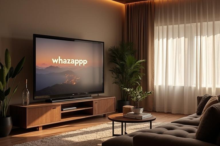 Display the word 'whazapp' on a television in a modern living room. Feature a cozy couch, a coffee table, and plants around the space with soft, warm lighting.